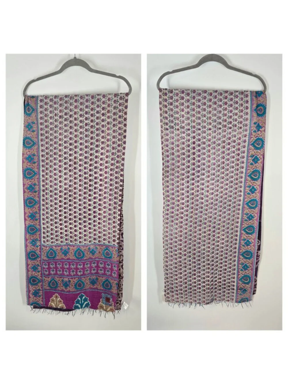 Mieko Mintz Purple & White Hand Stitched Floral Kantha Fabric Scarf Shawl Cotton
